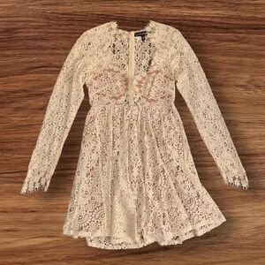 For Love & Lemons white lace pattern mini dress with nude undertone XS